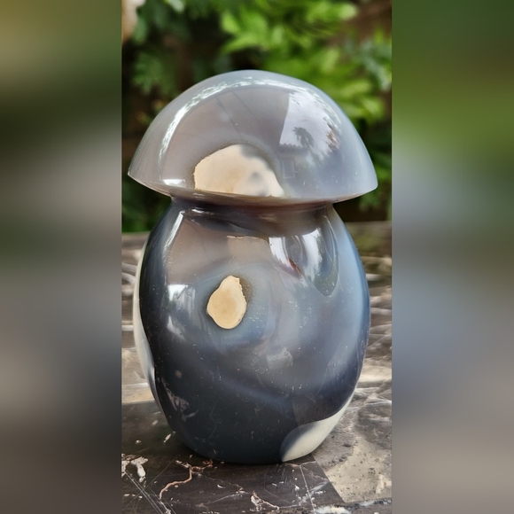 Grey Blue Orca Agate Fat Mushroom Carving- Large - Picture 4 of 16